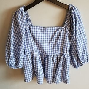 English Factory Balloon Sleeve Gingham Top